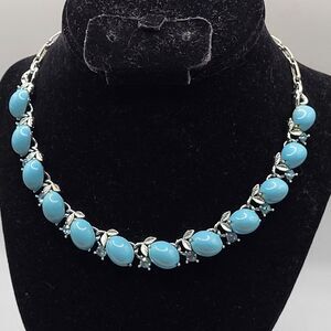 VTG LISNER Necklace Silver Tone Textured Leaf Turquoise Stones Blue Choker 15.5"